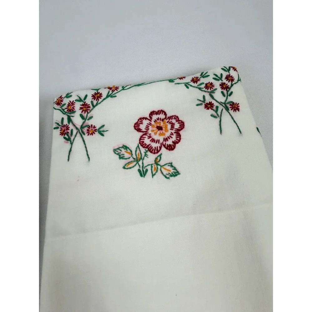 Vintage Cross Stitched Pillowcase White w/ Red Floral 30 x 20